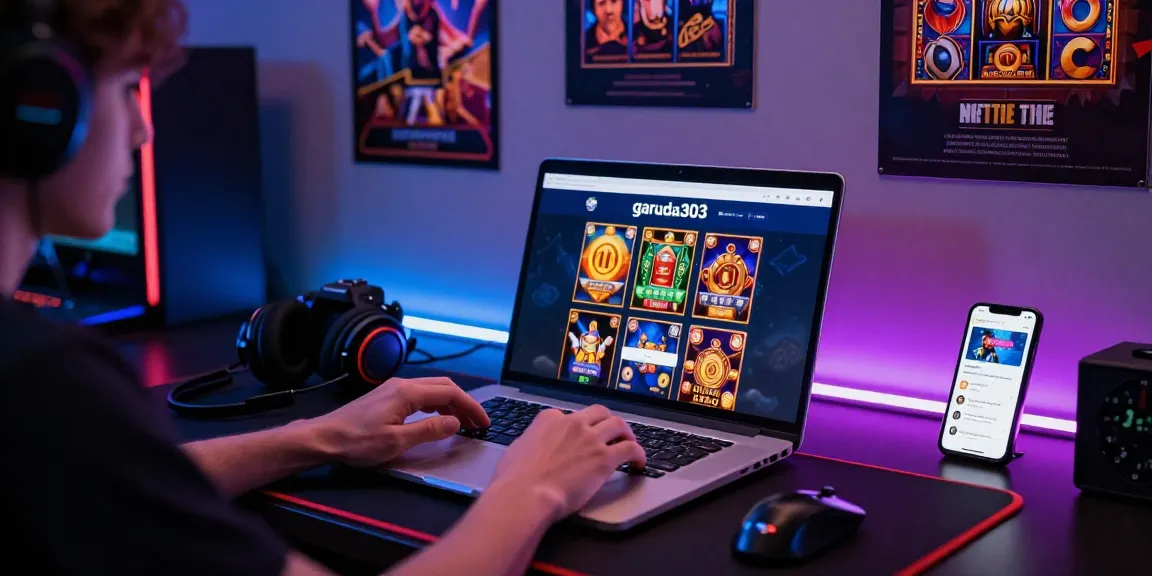 Engaging scene of a user on garuda303 login page, surrounded by gaming accessories and colorful lighting.