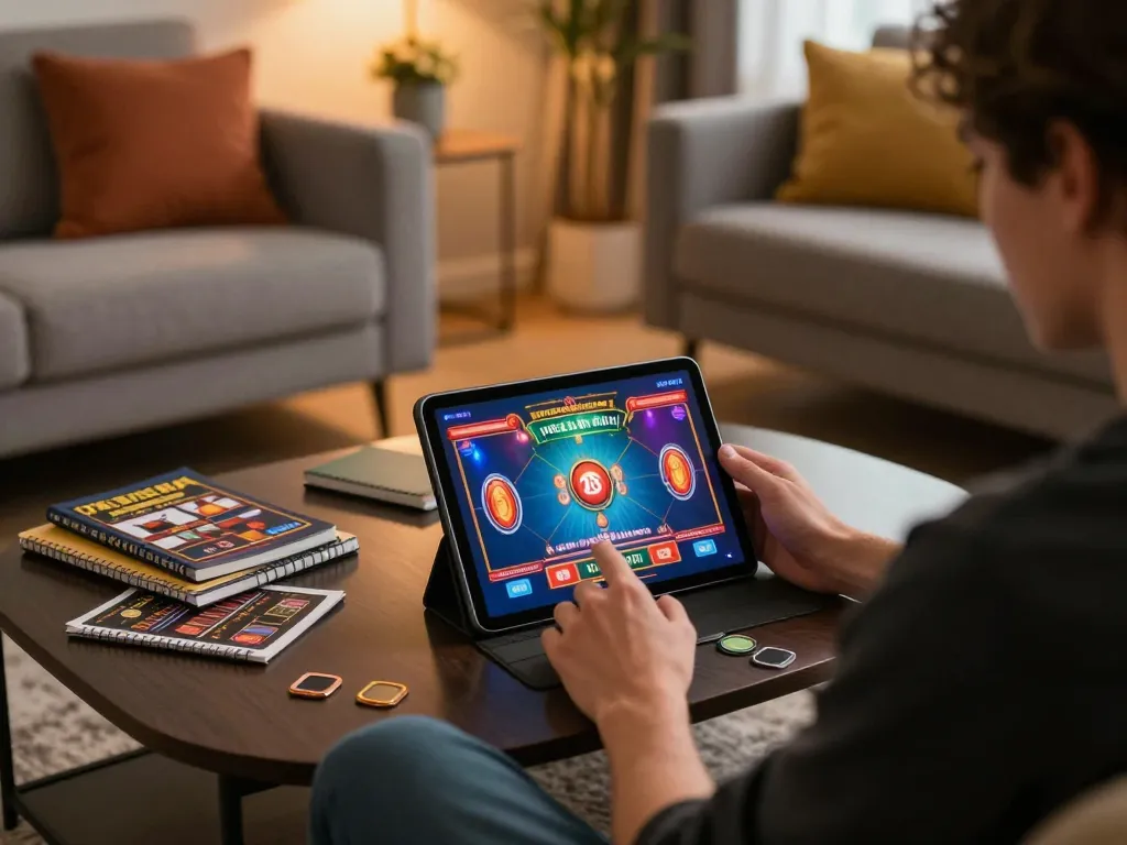 Player engaging with FAFA828 online casino on tablet in cozy living room