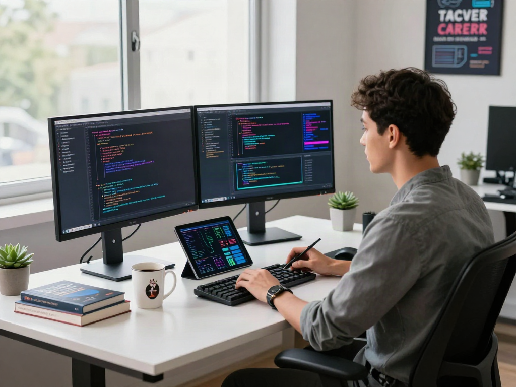 Software developer coding with bro138 link on dual monitors in a modern tech workspace.