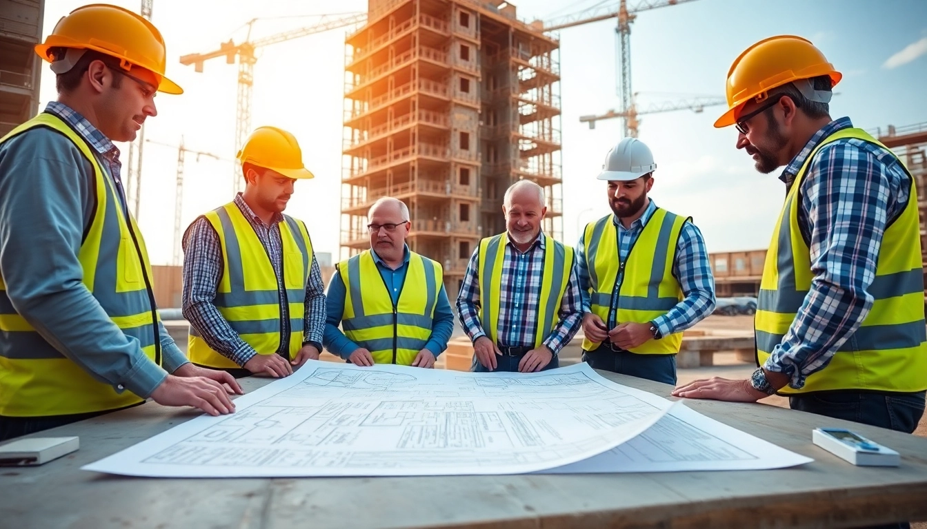 Engaging construction advocacy scene highlighting workers strategizing at a dynamic construction site.