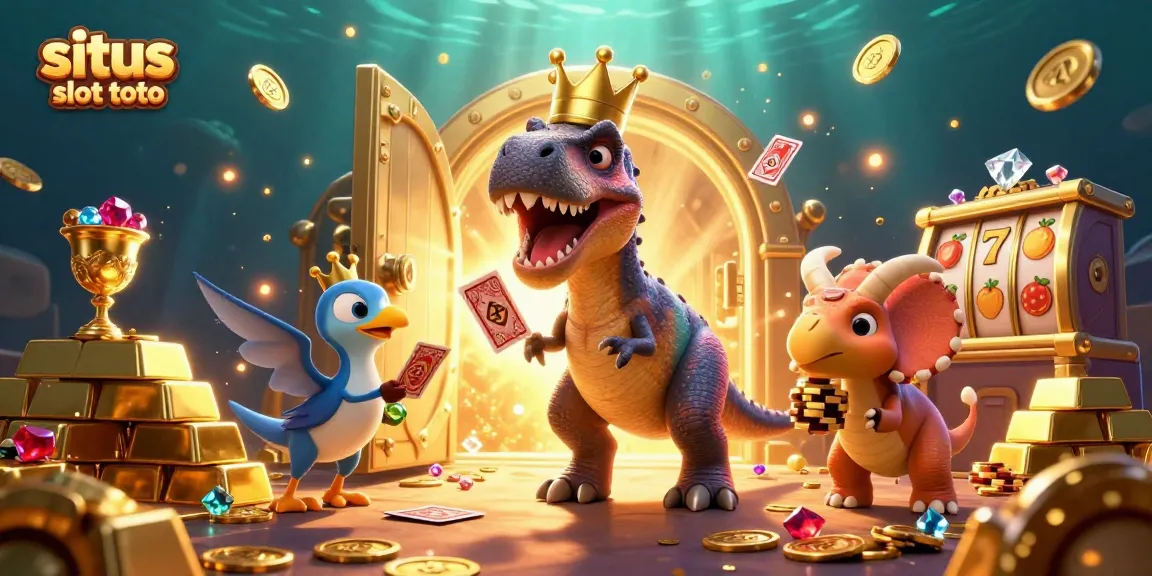 Situs slot toto showcases T-Rex and friends gambling with gold chips, cards, and treasures.