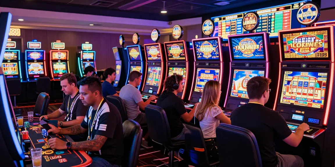 Excited players engaging with slot machines at a casino while accessing garuda303 login for online gaming.