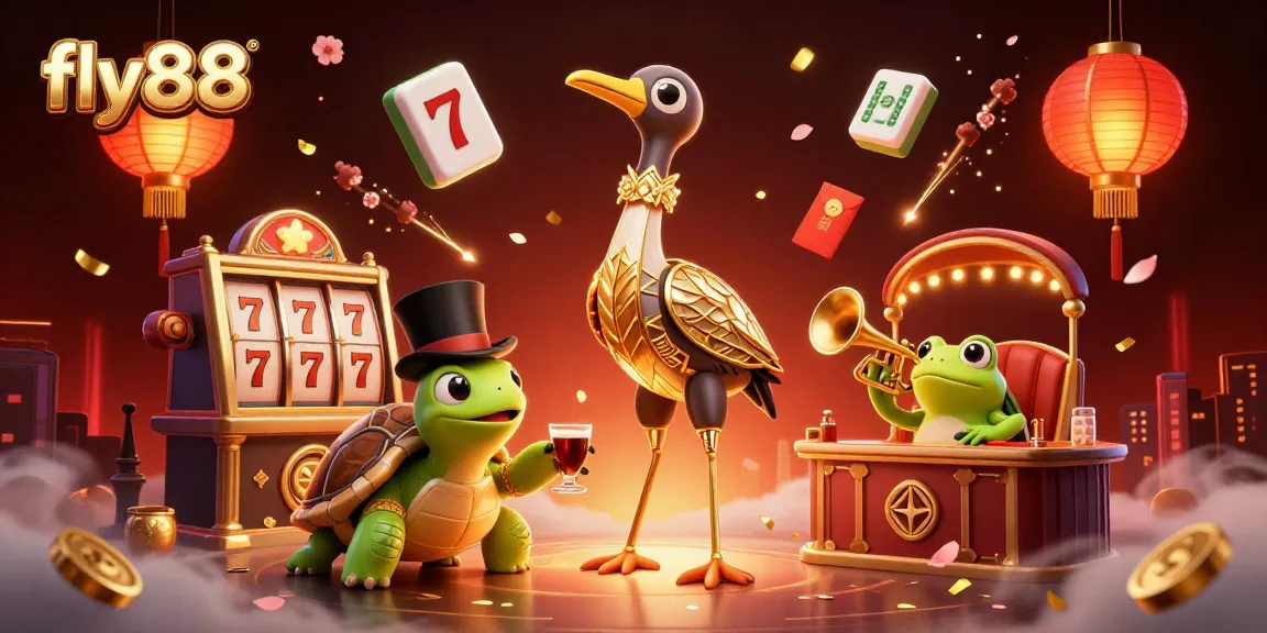 Enjoy thrilling slot action with fly88's vibrant characters and festive casino elements in a lively illustration.