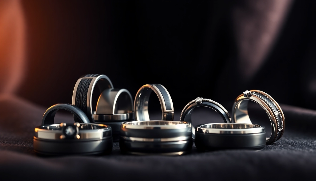 Showcase of Black Wedding Rings for Men featuring sleek designs against a luxurious backdrop.