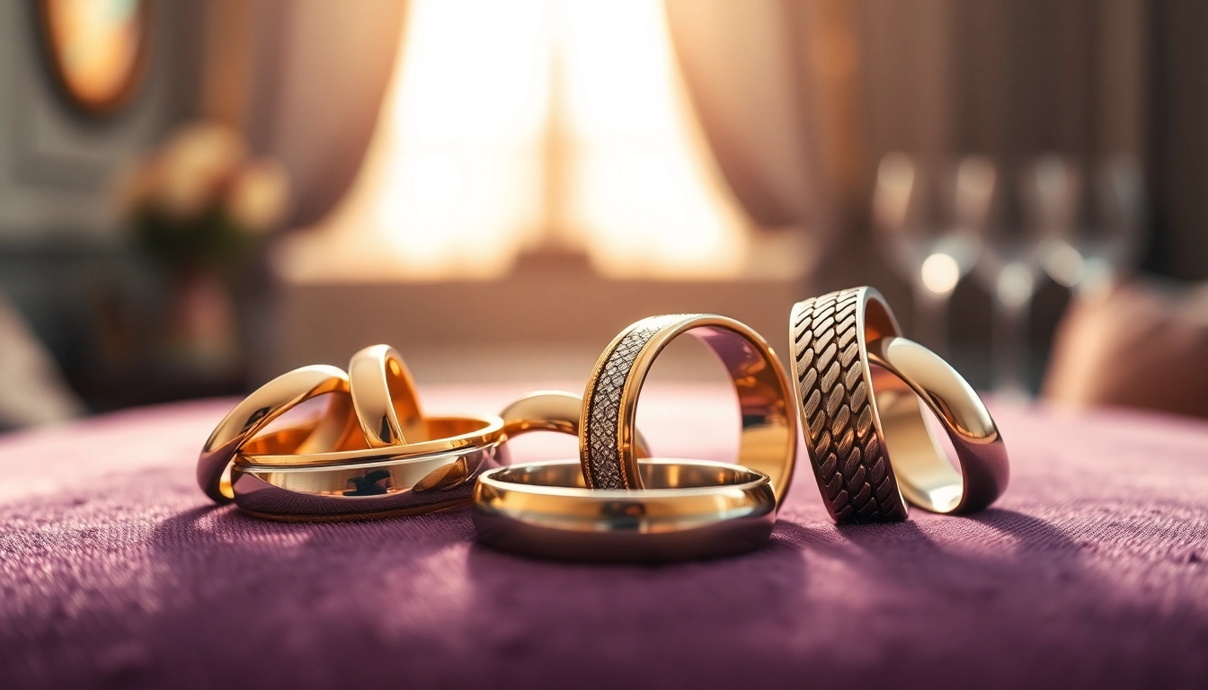 Stunning mens wedding rings displayed artistically, showcasing rich metal textures and intricate designs.