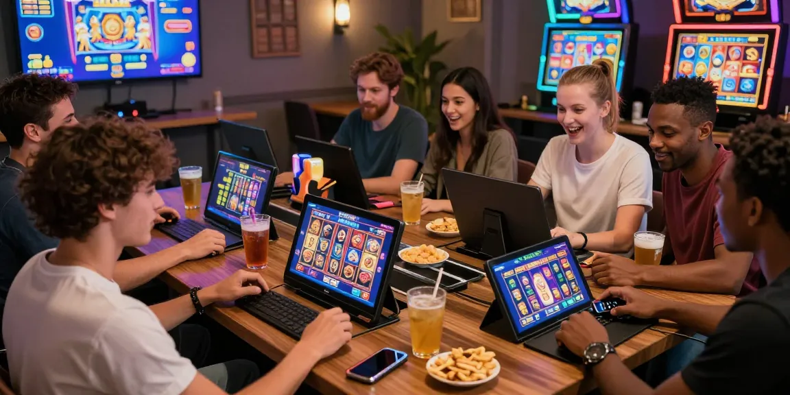 Friends enjoying Garuda303 login experience together, vibrant gaming atmosphere with slot games on devices.