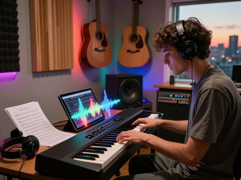 Musician playing the GO 88 digital piano in a vibrant music studio, surrounded by creative elements.