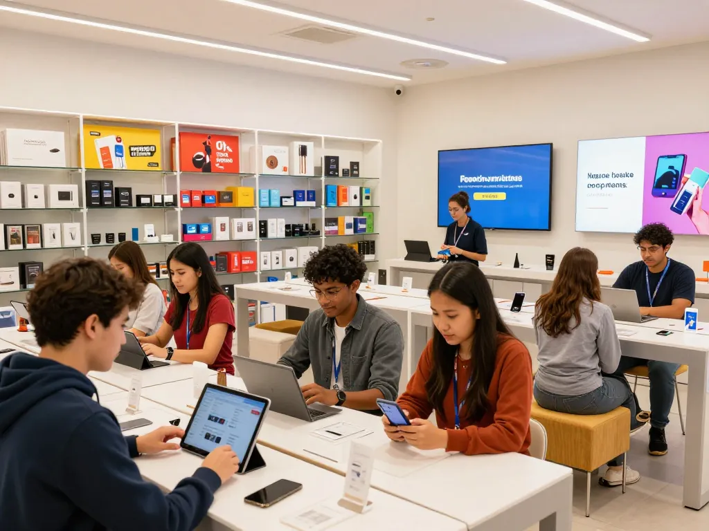 Hubet88 com shopping scene featuring customers engaging with products and sales staff in a vibrant store environment.