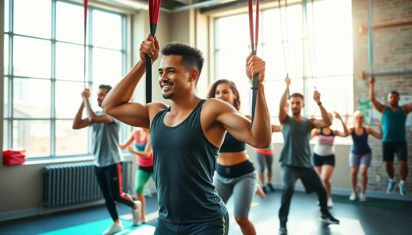 Engaged individuals using resistance bands for pull-ups in a vibrant urban gym, showcasing inclusivity and empowerment.