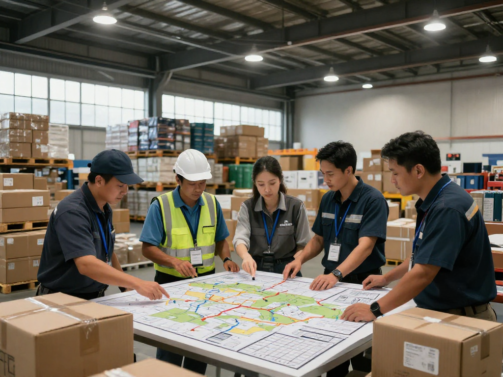 Ocargo LTL Transport in Dortmund: Team arbeitet effizient in einem Logistiklager, koordiniert Teilladungen und Versanddetails.