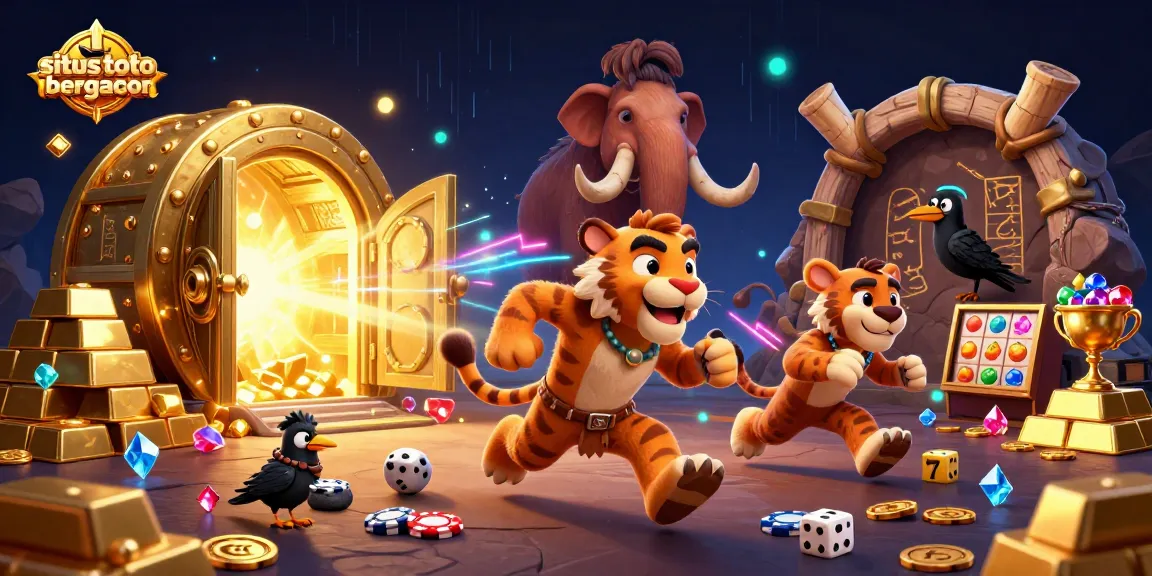 Situs toto slot tergacor showcases a lively prehistoric casino scene with vibrant characters and dynamic game elements.
