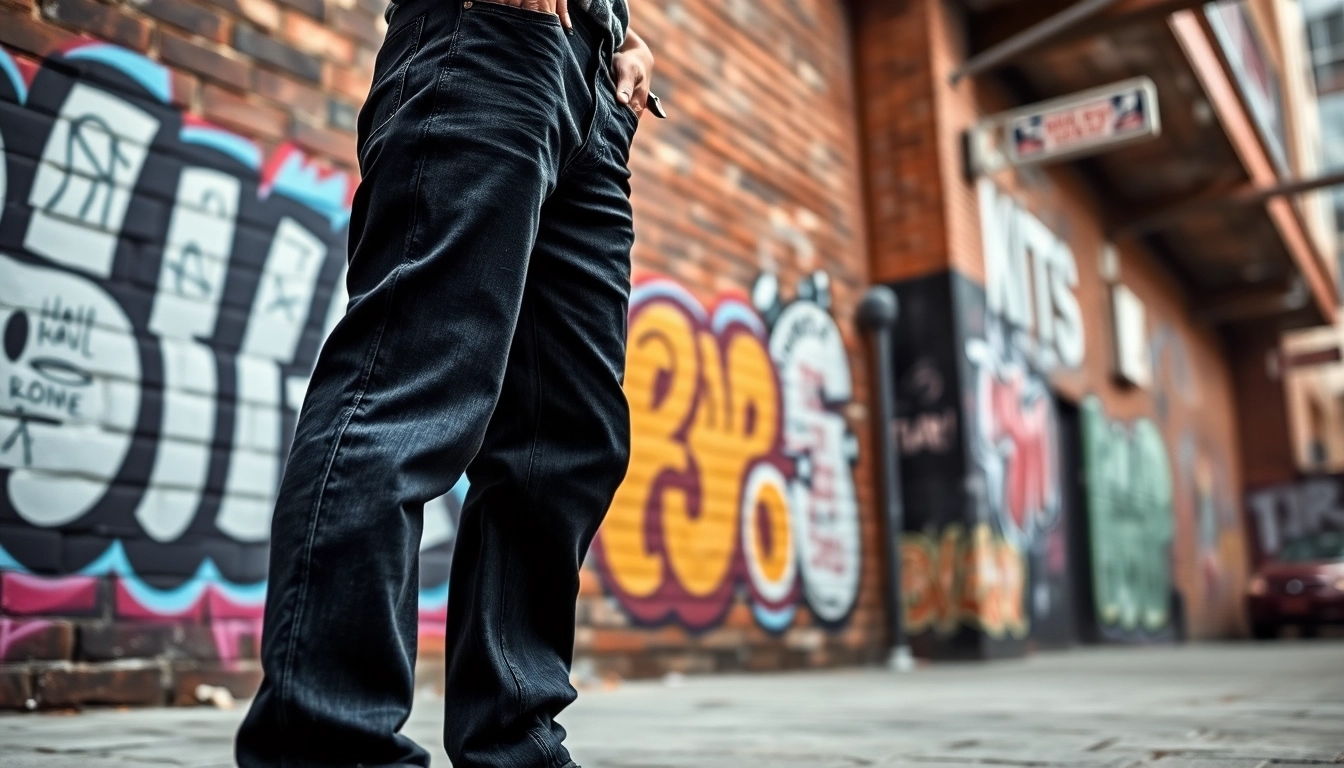 A model confidently wearing baggy black jeans against a vibrant urban backdrop.