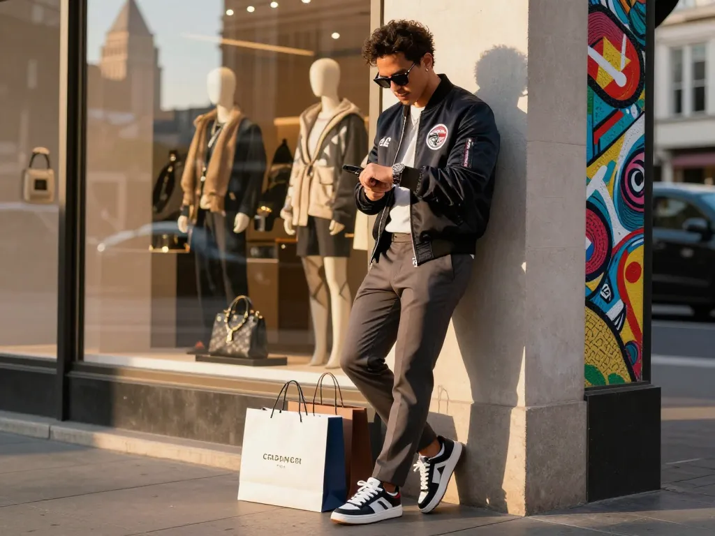 Stylish urban shopping experience showcasing 명품 레플리카 fashion in high-end clothing.