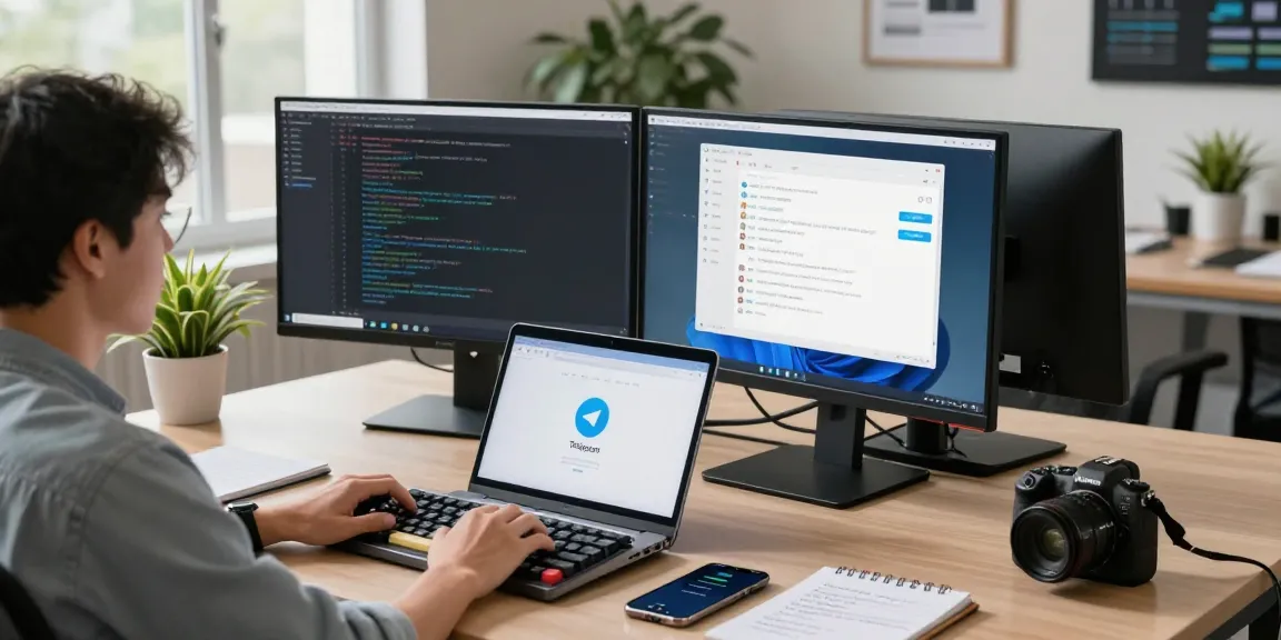 Developer using 纸飞机中文版 in a modern workspace with dual monitors and messaging app.