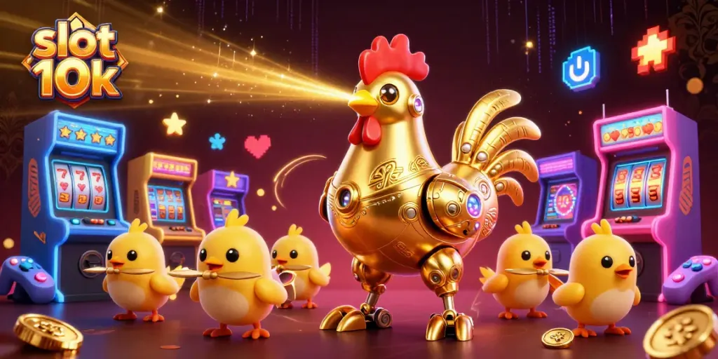 Menangkan jackpot di slot 10k dengan ilustrasi robot ayam emas futuristik dan mesin arcade penuh warna.