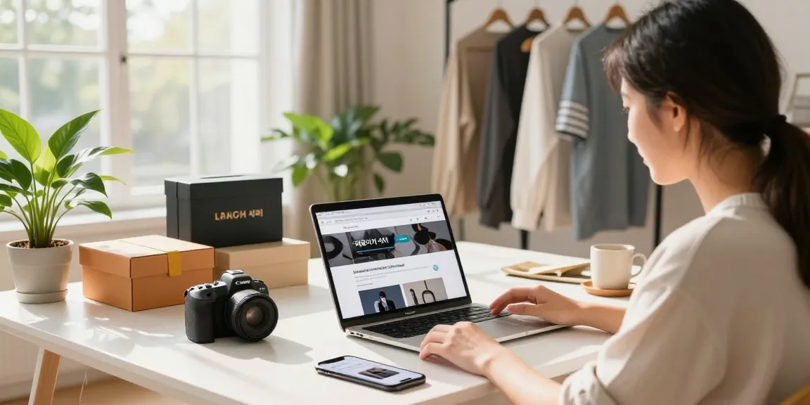 Engaging scene of young adult exploring a 레플리카 사이트 on a laptop among stylish clothing and luxury brand boxes.