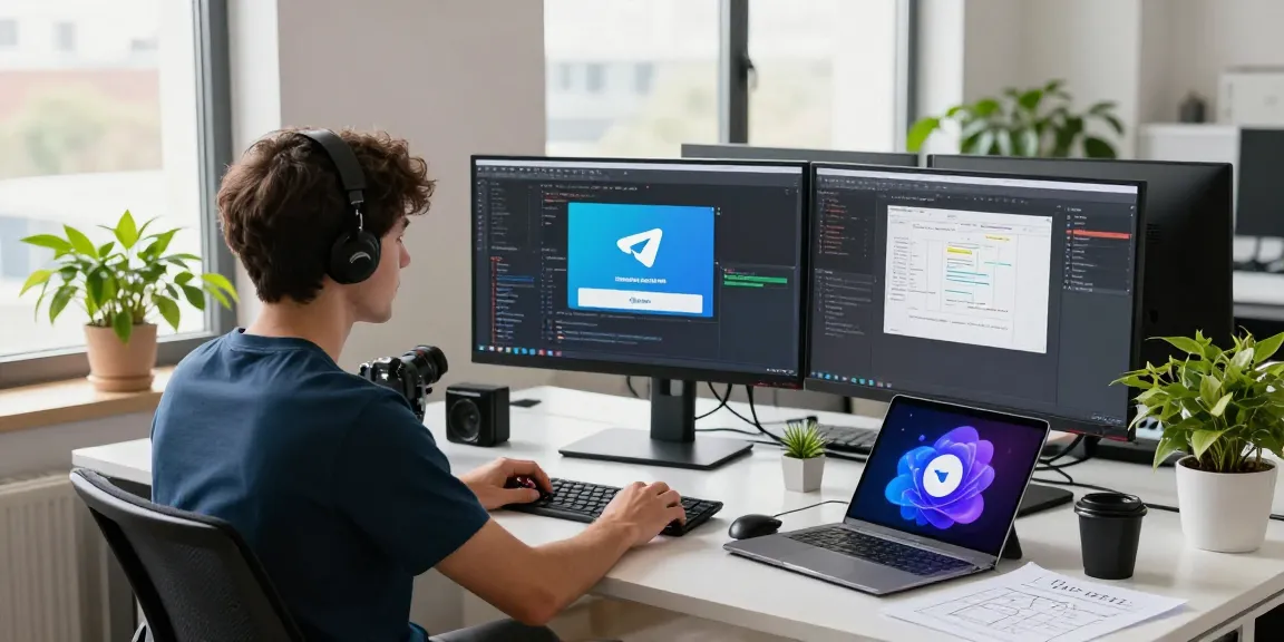 Developer working on telegram中文版 interface in a modern tech workspace with vibrant atmosphere.
