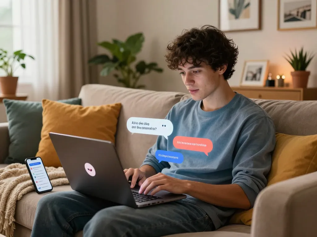 Young man chatting with his AI girlfriend chatbot in a cozy living room.