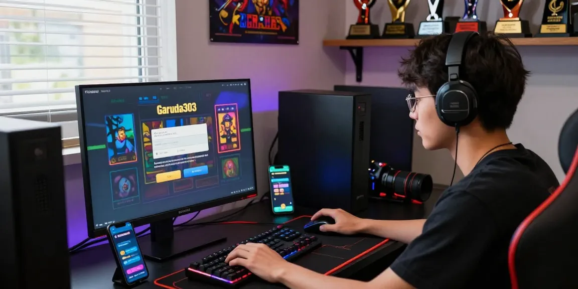 User logging into garuda303 on a computer, surrounded by gaming items and vibrant lighting.