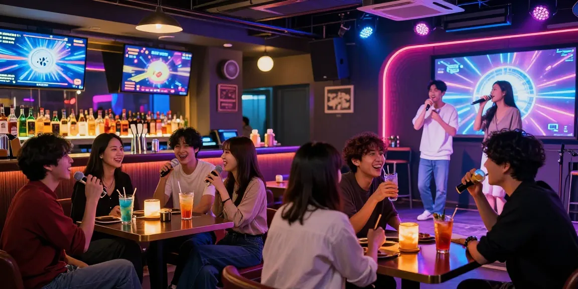 Exciting 제주유흥 scene at a lively Jeju karaoke bar with groups enjoying drinks and singing.