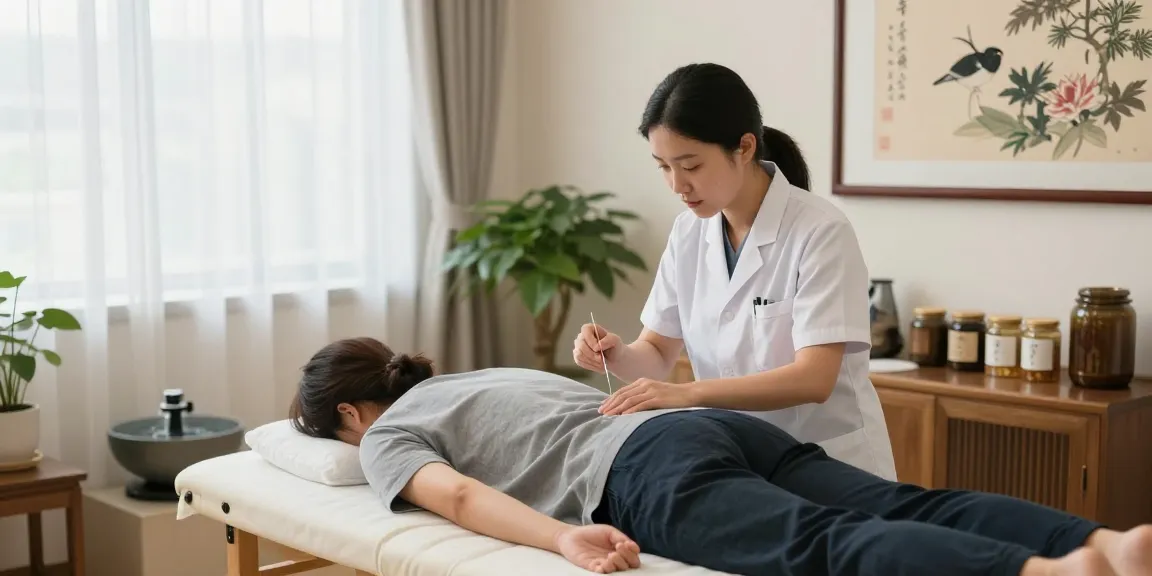 Healing scene at 수원교통사고한의원 with acupuncturist treating a patient, promoting recovery.