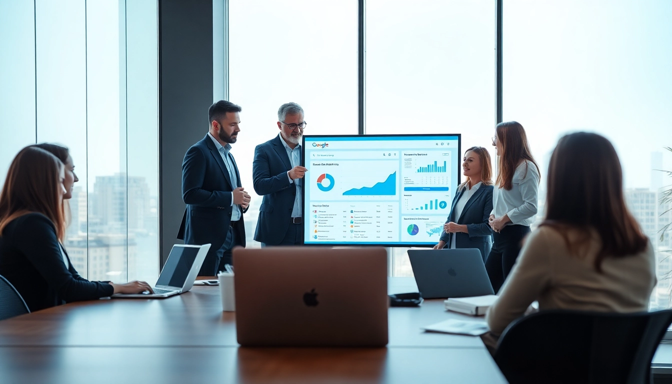 Designing effective google ads edmonton campaign with professionals in a bright office.