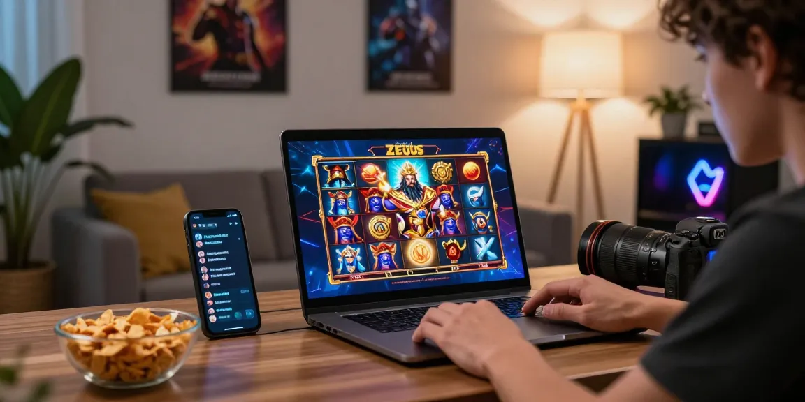 Engaged gamer playing zeus slot on a laptop in a cozy living room.