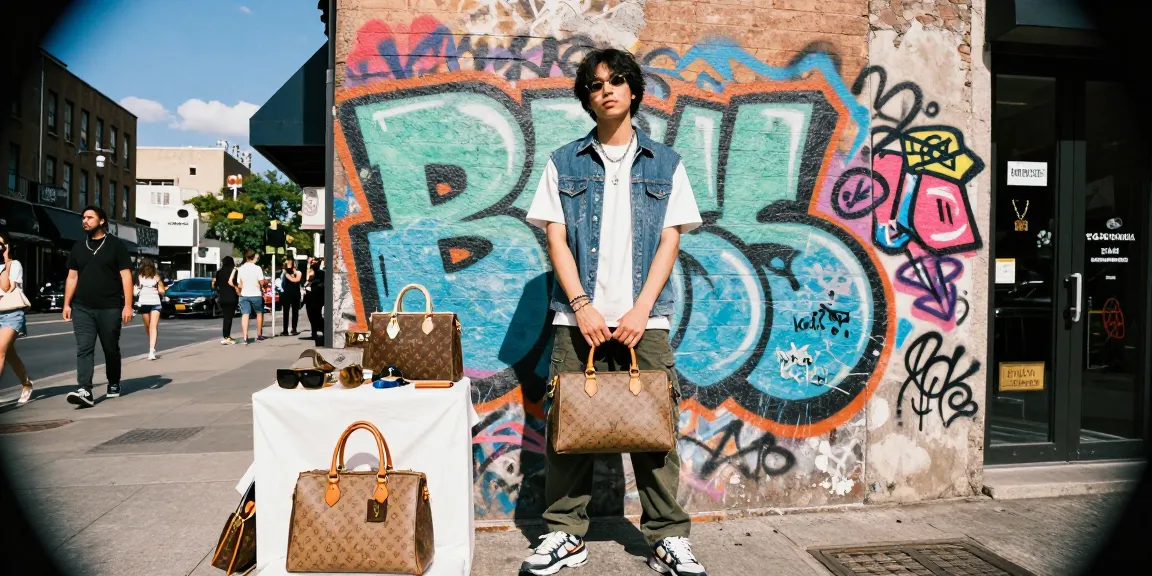 Urban fashionista displaying luxury replica items in a vibrant city setting.