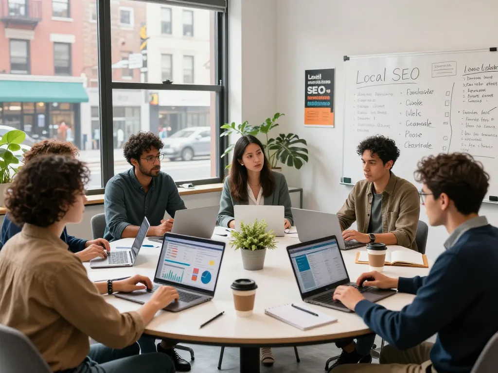 Collaborative team in a vibrant office developing Local SEO NYC strategies with laptops and whiteboard insights.
