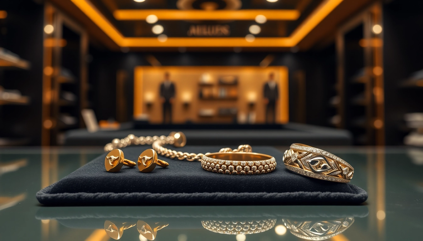 Showcasing exquisite men’s jewelry collection with elegant cufflinks, bracelet, and ring.