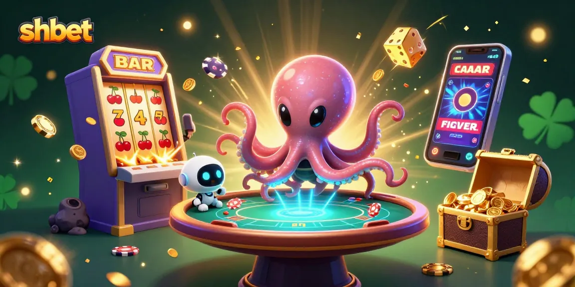 Experience shbet’s vibrant gaming world with a thrilling alien octopus at a poker table amidst explosions of coins.