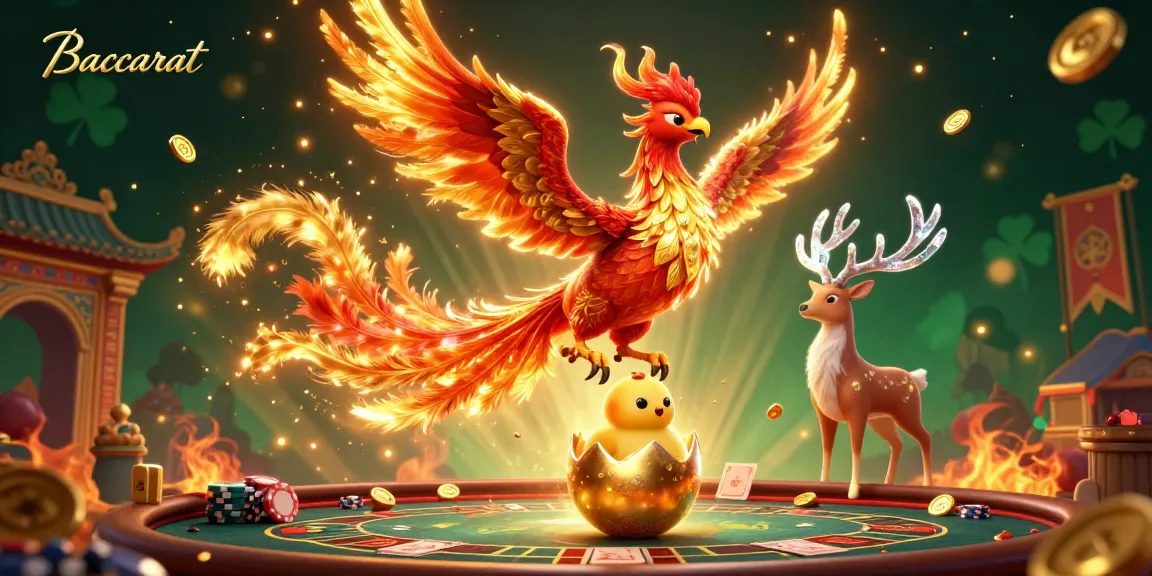 Baccarat game illustration showcasing a dazzling scene with fire phoenixes and live casino elements.
