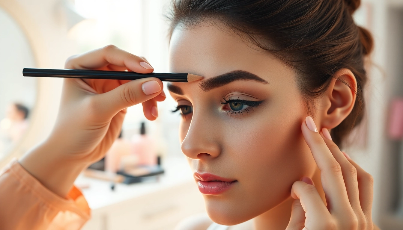 Enhance pencil eyebrows expertly applied by a professional artist in a bright studio.