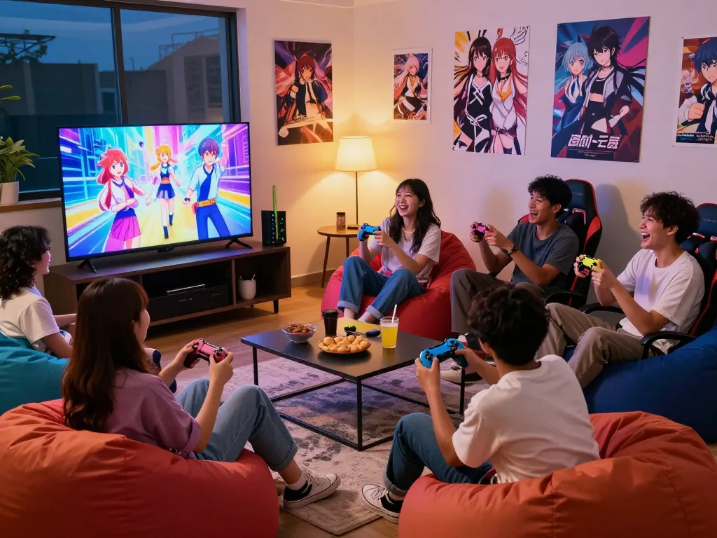 Friends enjoying degrees of lewdity during a cozy gaming night in a vibrant living room.