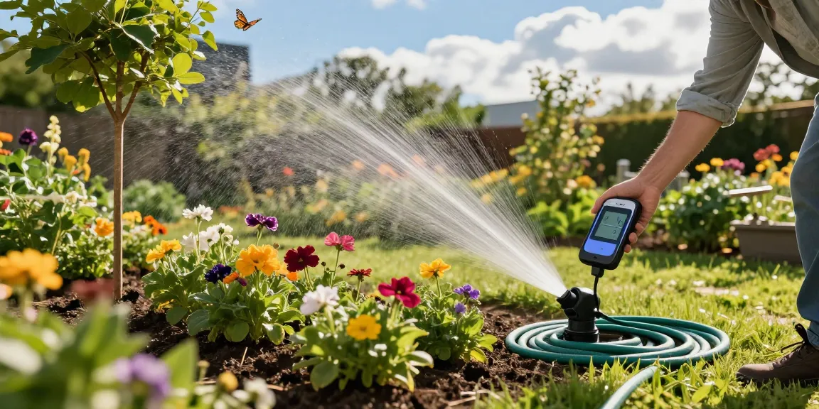 Using a rainpoint sprinkler timer to monitor plant moisture levels in a vibrant garden.