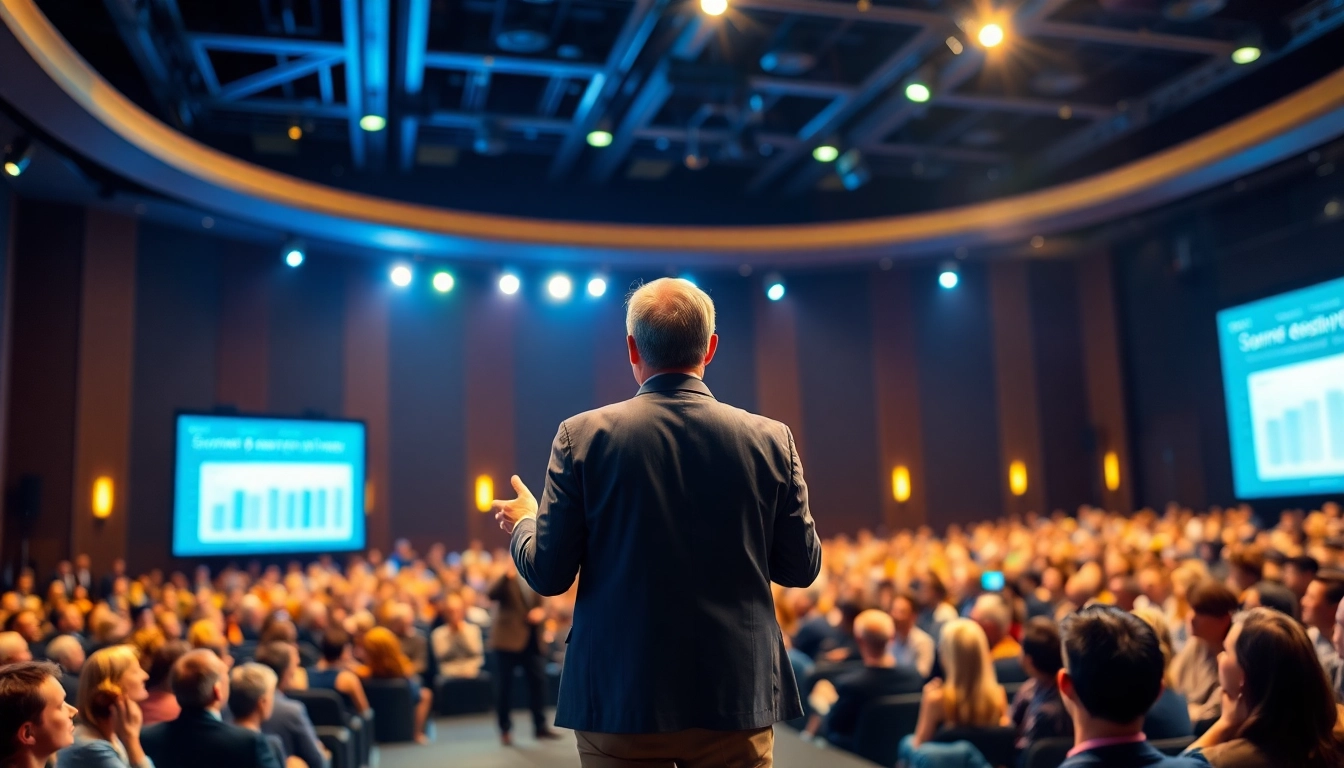 Keynote speaker captivates audience during a dynamic presentation at a large conference