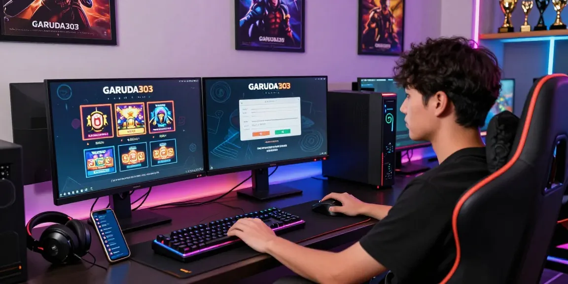 GARUDA303 login scene highlighting a vibrant gaming setup with monitors displaying exciting slot games and a welcoming atmosphere.