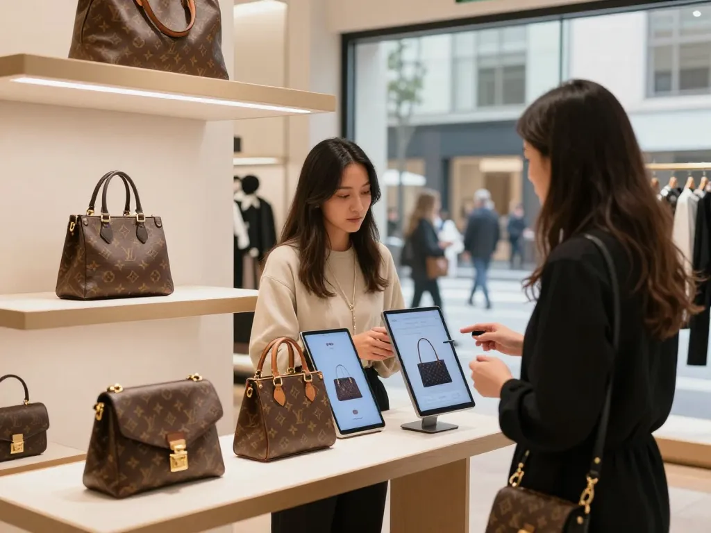 High-quality 레플리카 bags displayed in a modern retail setting, showing customer interaction.
