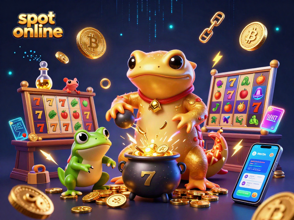 Engage in slot online with a vibrant scene featuring magical elements and cryptocurrency details.