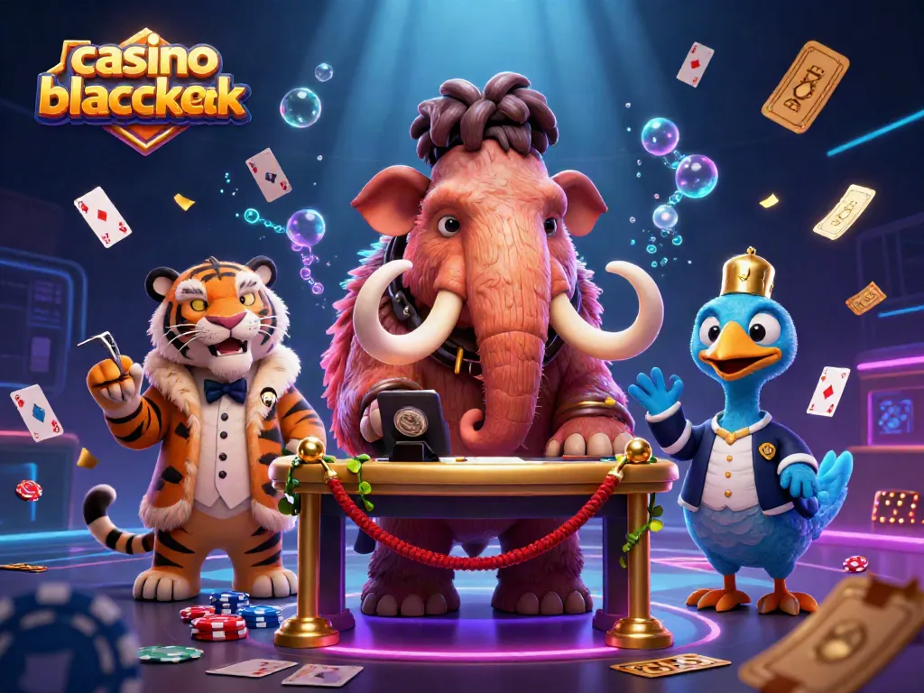 Experimenta el casino blackjack en una escena vibrante con personajes únicos y elementos de juego envolventes.