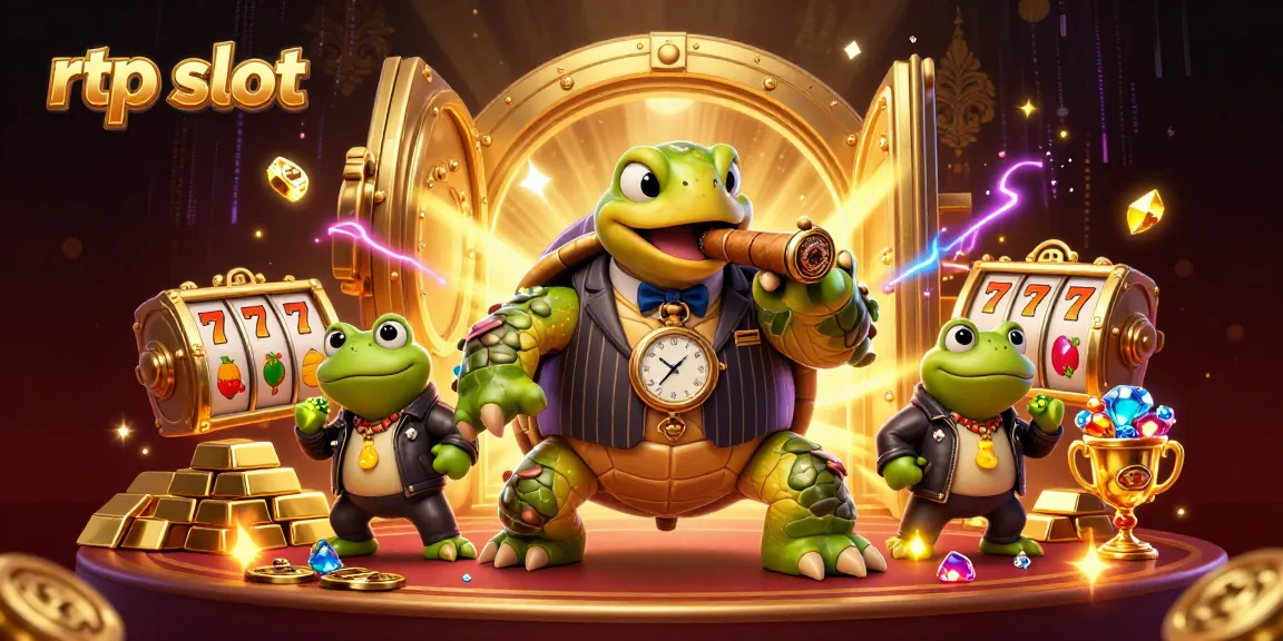 Experience the excitement of rtp slot games in this vibrant casino scene featuring a turtle mobster.