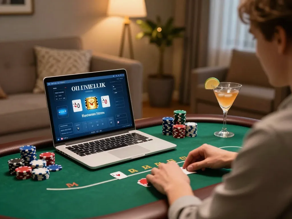 Engaged player enjoying poker on 99win online casino platform in a cozy home environment.