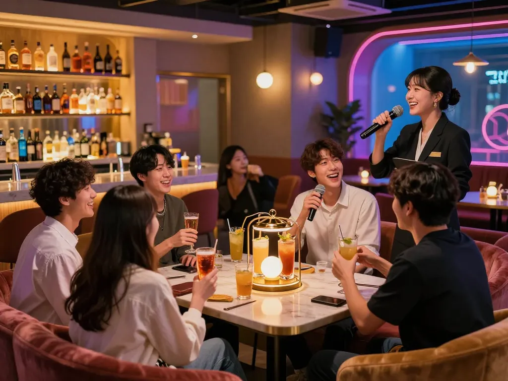 Enjoying vibrant nightlife at 인천쓰리노 with lively conversations, colorful lights, and engaging hosts.