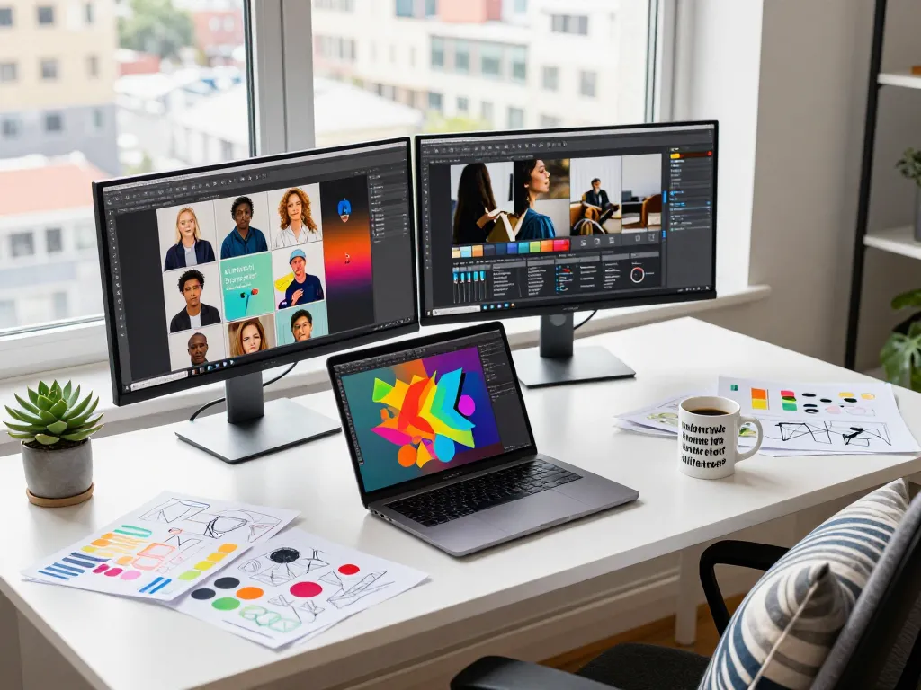 Generate image to prompt with a designer in vibrant creative workspace.