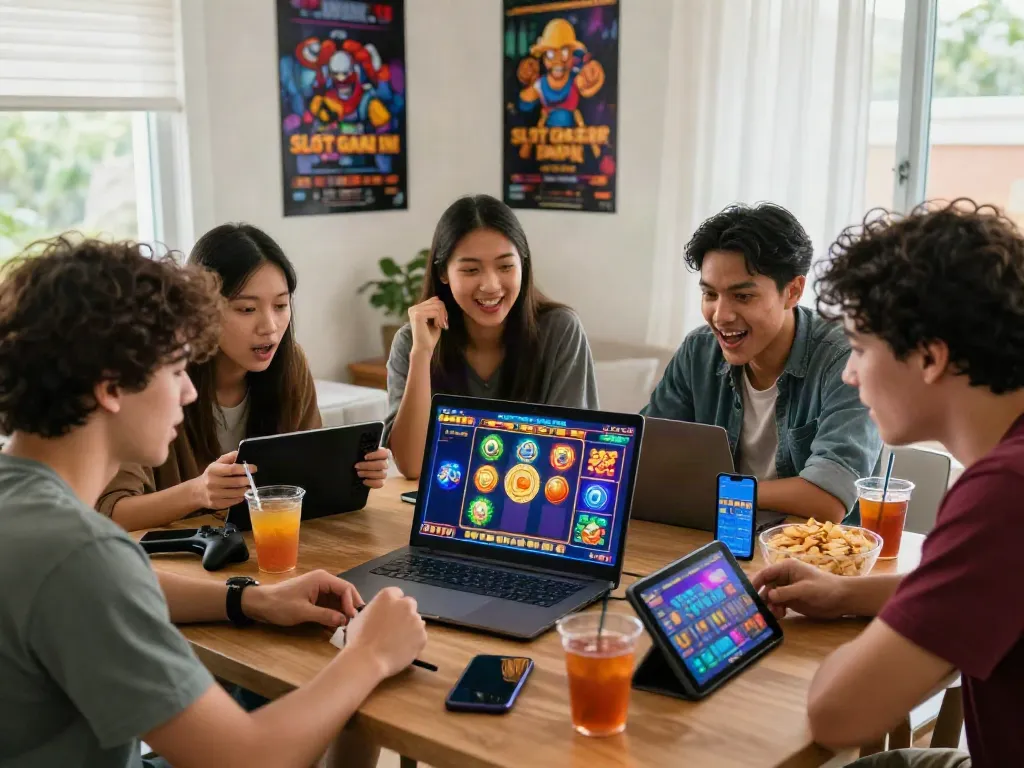 Excited friends discussing strategy for the best slot gacor hari ini while gaming online.