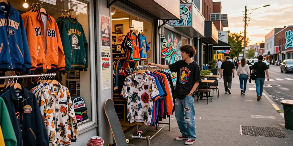 Explore vintage fashion at a trendy street shop showcasing rokok88 styles amidst a vibrant urban backdrop.