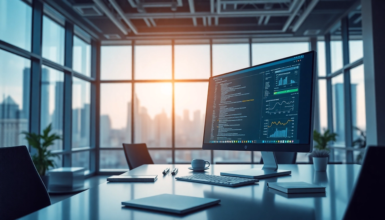 Visualize EORMC blockchain development in a modern office highlighting innovation and technology.