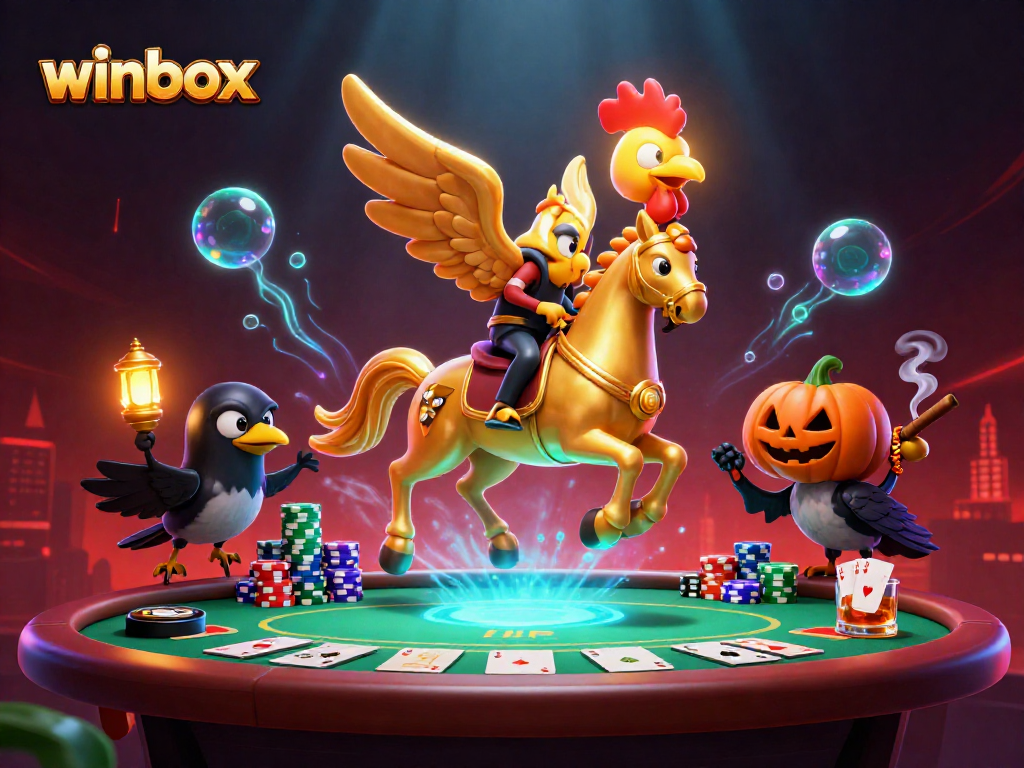 Winbox showcases thrilling poker action with a golden rooster and spectral horse in a vibrant casino.