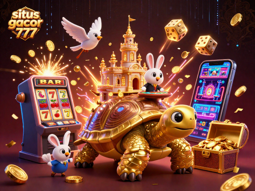 Experience the excitement of situs slot gacor 777 with a lively scene featuring a golden tortoise casino and winning symbols.