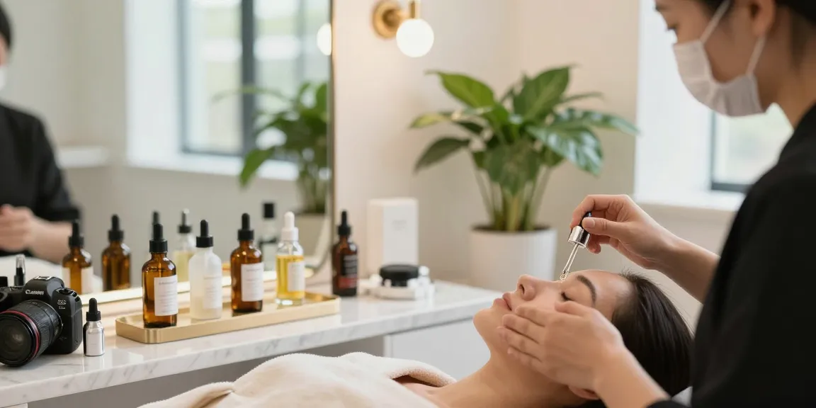 Aplicarea serurilor de față într-un salon luminos, cu produse de îngrijire a pielii